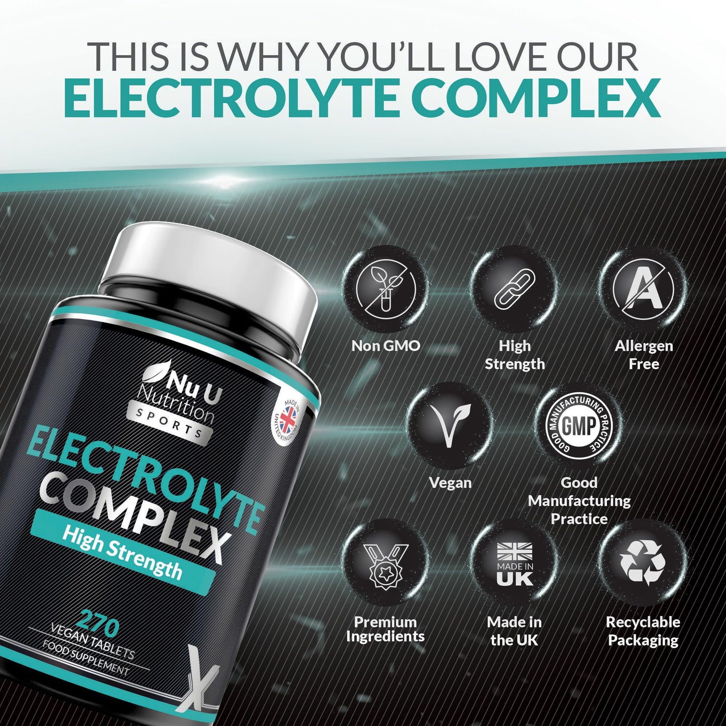 Nu U Nutrition - Electrolytes Complex - 270 Vegan Unflavoured Tablets with Sodium, Potassium, Magnesium & Calcium Phosphate - Suitable for Carnivore & Paleo Diet - Made in the UK