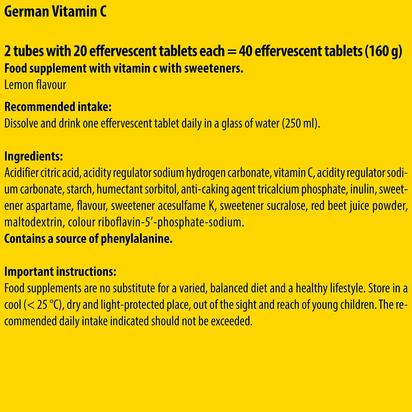 Vitamin C 180 mg - 2 x 20 effervescent Tablets - Lemon Flavor - T&D Pharma German Vitamin C - Made in Germany