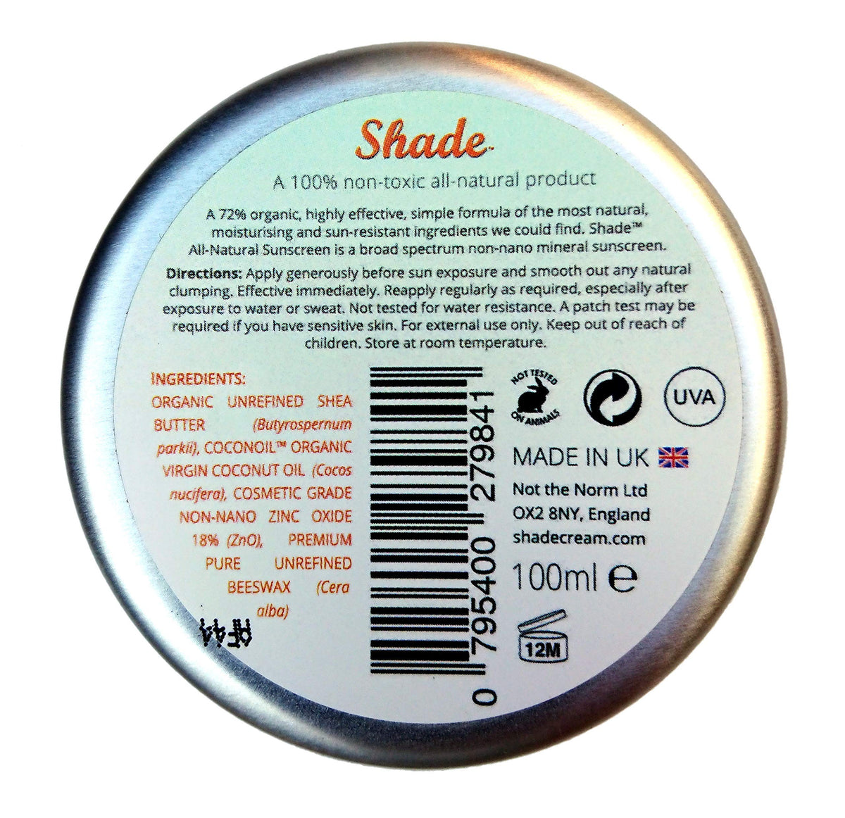 Shade All-Natural Sunscreen SPF25 - Unscented - Mineral-based - Only 4 Ingredients - 100ml