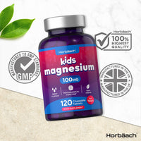 Magnesium Tablets for Kids | 100mg | 120 Chewable Tablets | Berry Flavour Vegan Supplement | Psychological Function | by Horbaach