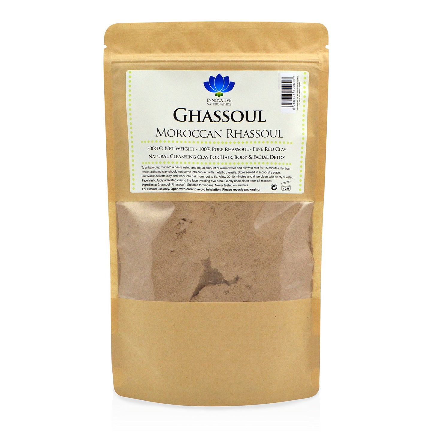 Innovative Naturopathics Rhassoul Clay - Detox, Hair & Face Mask for Deep Pore Cleansing - 500g - Ultra Pure Moroccan Ghassoul Lava Clay Powder