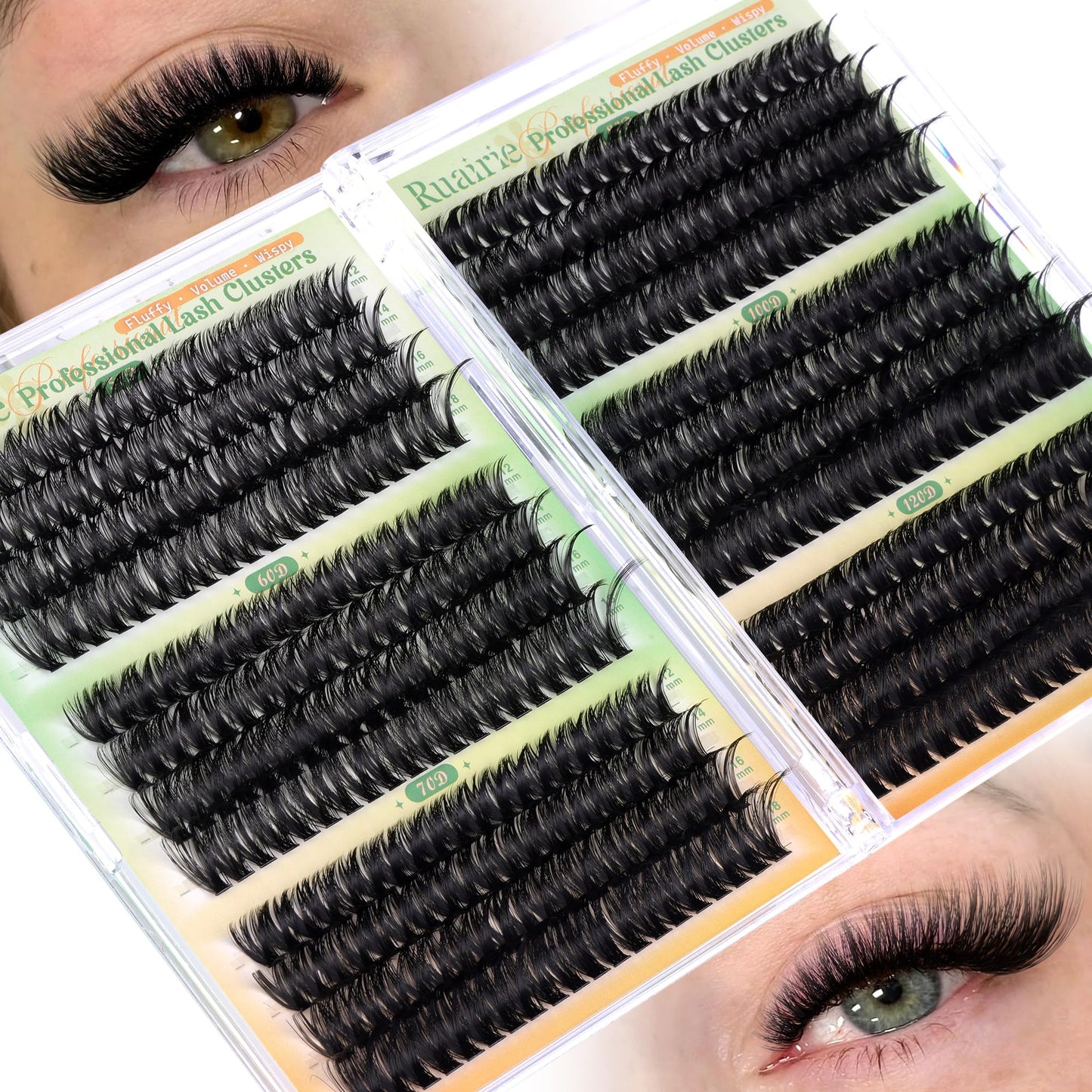 Ruairie Fluffy Cluster Lashes D Curl Volume Individual Eyelashes Clusters 50D-60D-70D-80D-100D-120D Wispy Lashes Individual Cluster 464pcs 12-18MM Lash Clusters