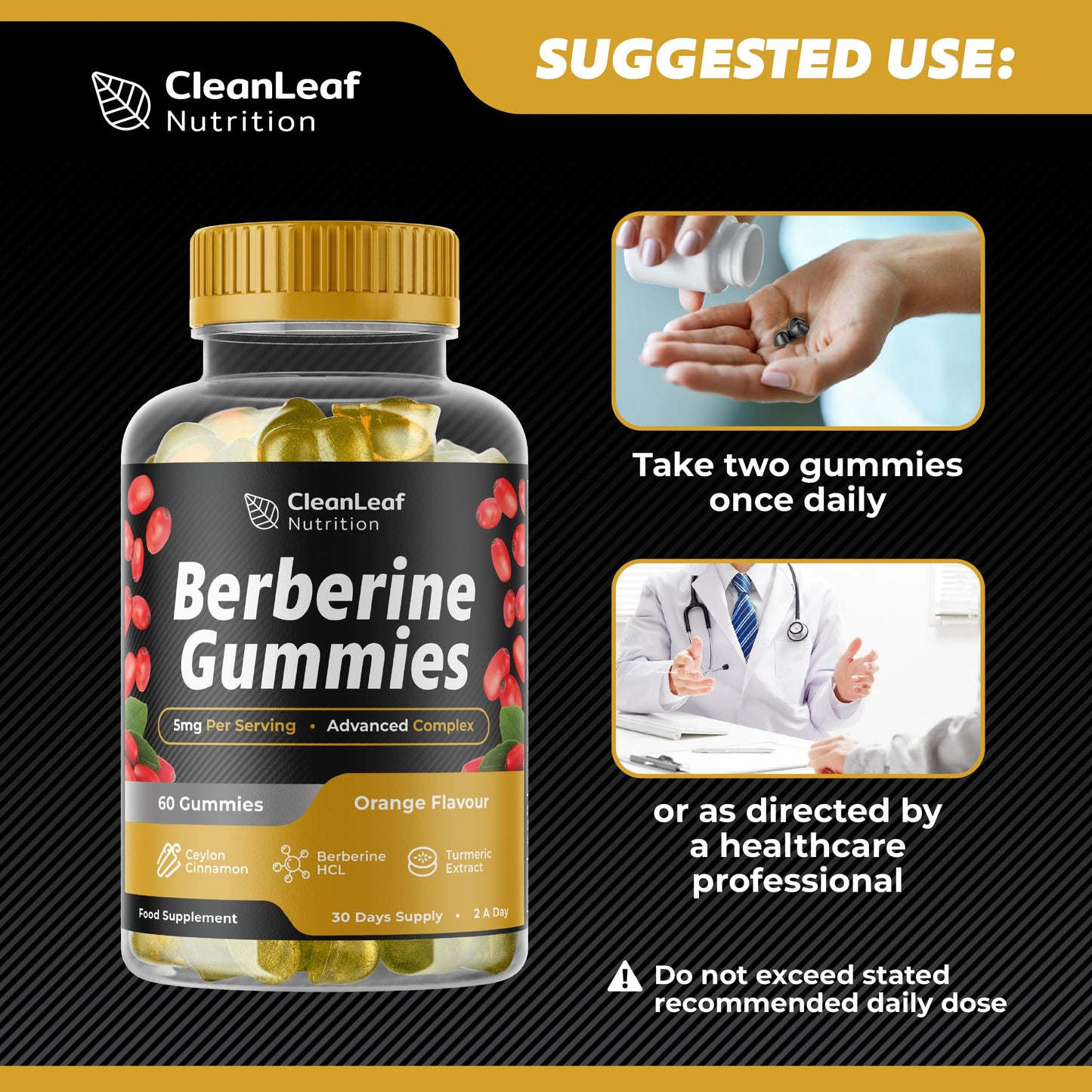 Berberine Gummies Food Supplement | Orange Flavour with Ceylon Cinnamon, Berberine HCL, Turmeric Extract | Supports Metabolic Health | Vegan Friendly | Non-GMO | 60 Gummies