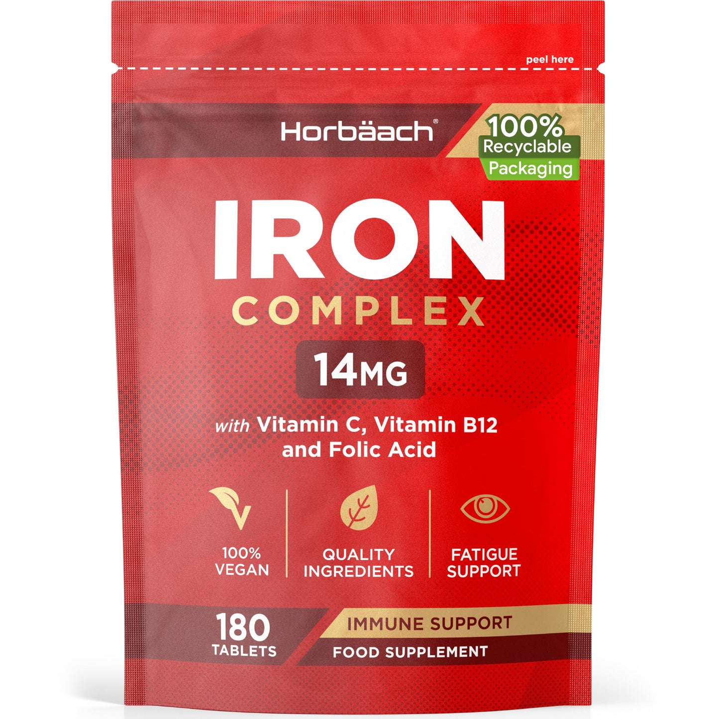 Horbäach Iron Tablets | High Strength Iron with Vitamin C, Folic Acid & Vitamin B12 | Supplement for Men & Women | 180 Vegan Tablets | by Horbaach