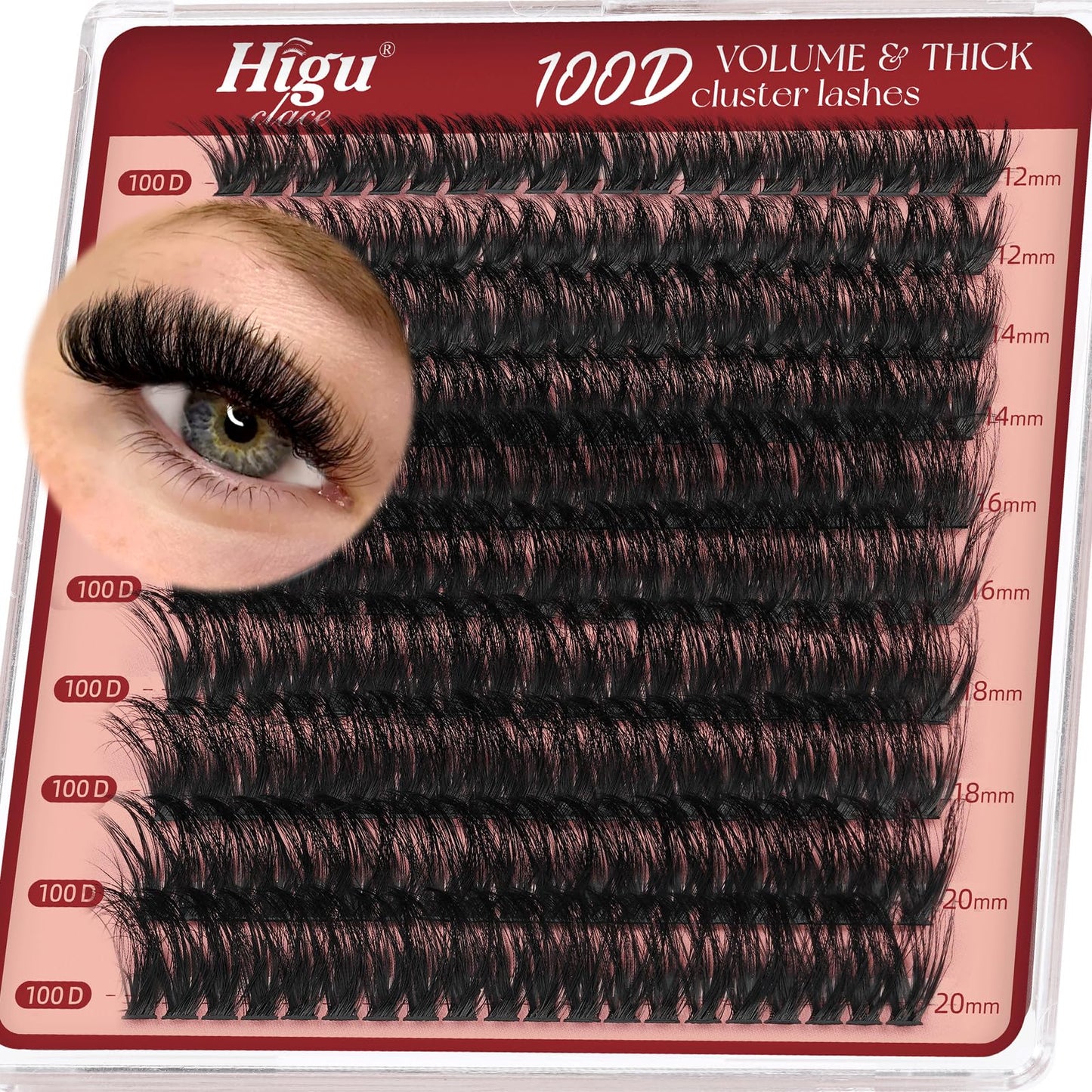 Cluster-Lashes 100D Individual-Eyelashes, Higu clace 12-20mm Thick Eyelash-Clusters D Curl, DIY Lash Extensions at Home (100D 12-20)
