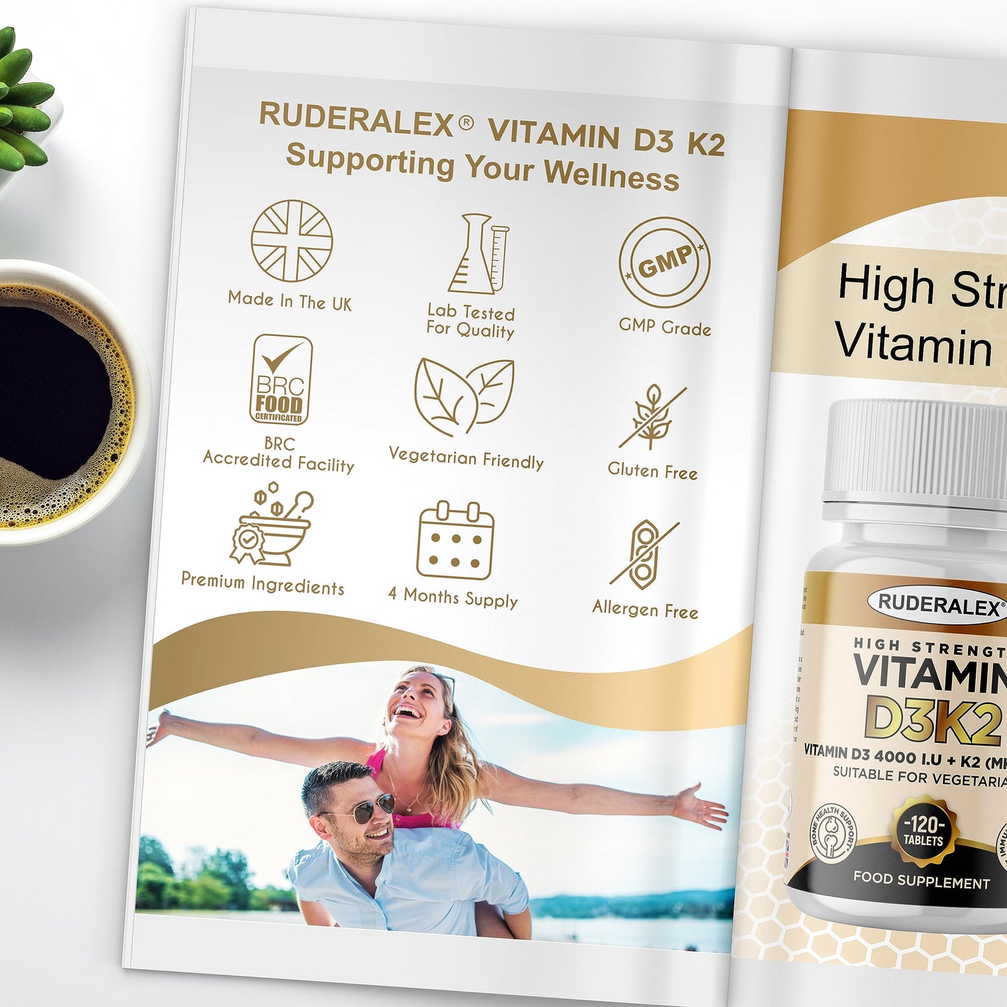 Ruderalex Vitamin D3 K2 High Strength 120 Tablets, Vitamin D3 4000 IU and K2 (MK7) 100mcg, Vegetarian