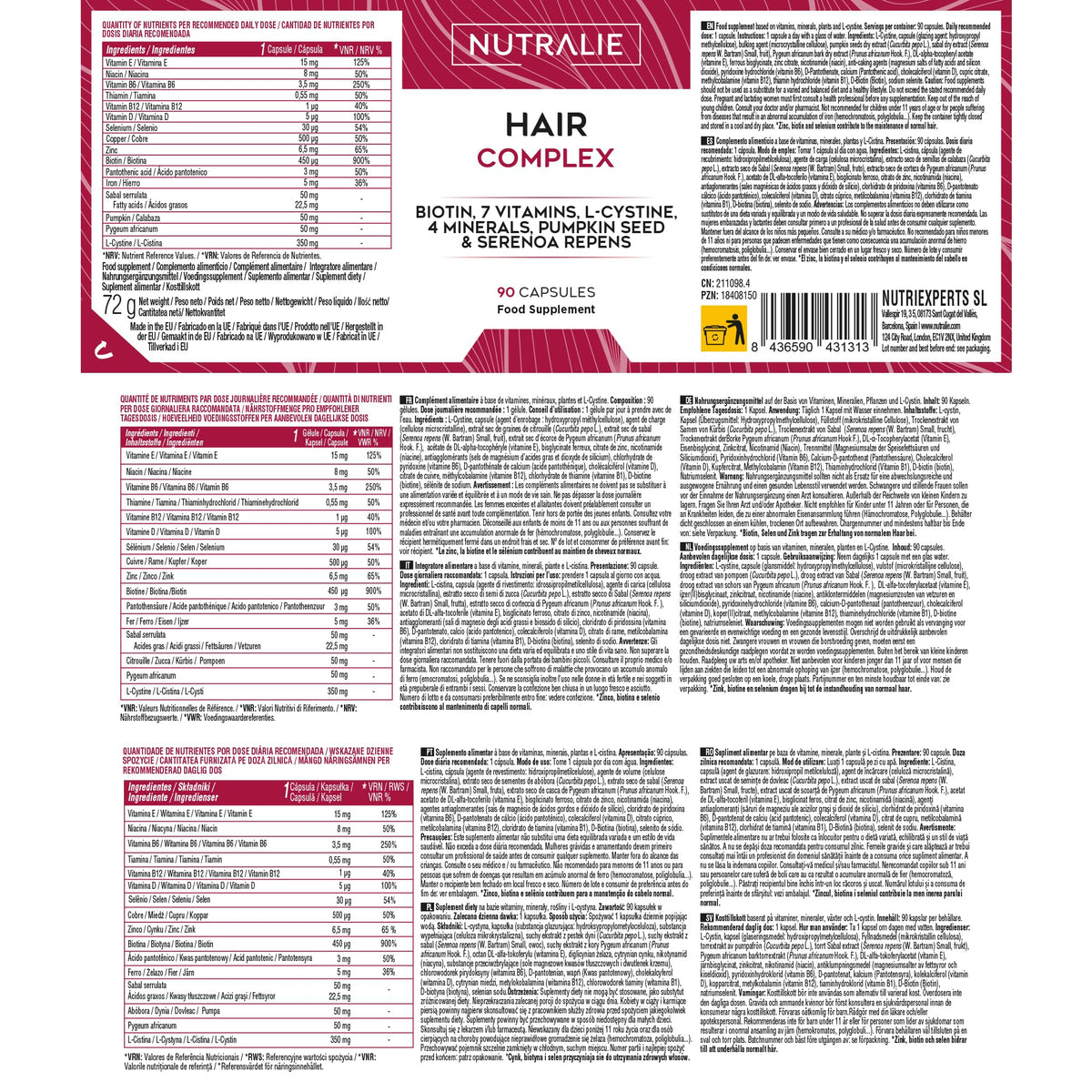 NUTRALIE Hair Vitamins [Award 2022] - Biotin + Zinc + Selenium + L-Cysteine - Hair Supplement for Men and Women - 90 Vegetarian Capsules Nutralie