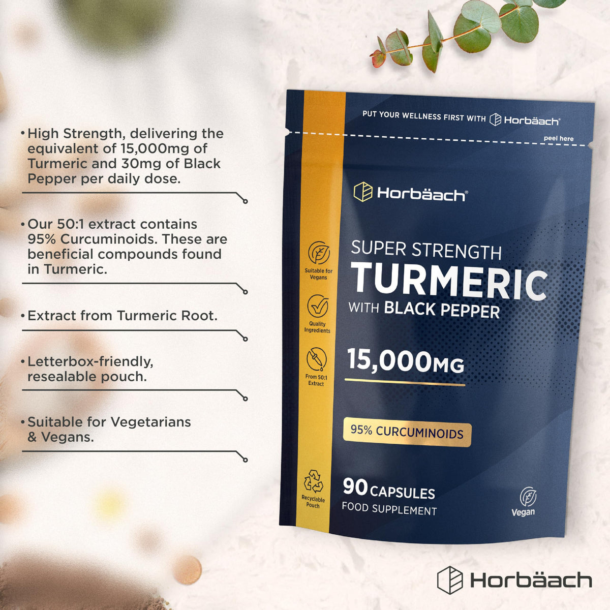 Horbäach Turmeric Tablets 15,000mg - Super Strength Curcumin Supplement with Black Pepper Extract (95% Curcuminoids) | Turmeric Root | 90 Vegan Capsules | Horbaach
