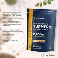 Horbäach Turmeric Tablets 15,000mg - Super Strength Curcumin Supplement with Black Pepper Extract (95% Curcuminoids) | Turmeric Root | 90 Vegan Capsules | Horbaach