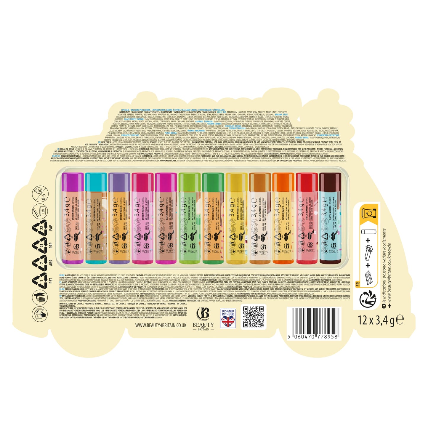 Beauty4Britain Kids Lip Balm Set Sweet Treats - 12 Different Dessert Flavours, Beeswax & Coconut Oil, Colourless, for Girls and Boys