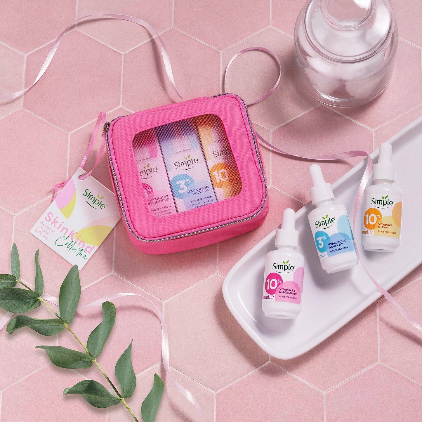 Simple Skin Kind Booster Serum Gift Set with a small travel beauty bag skin care products for her 3 piece