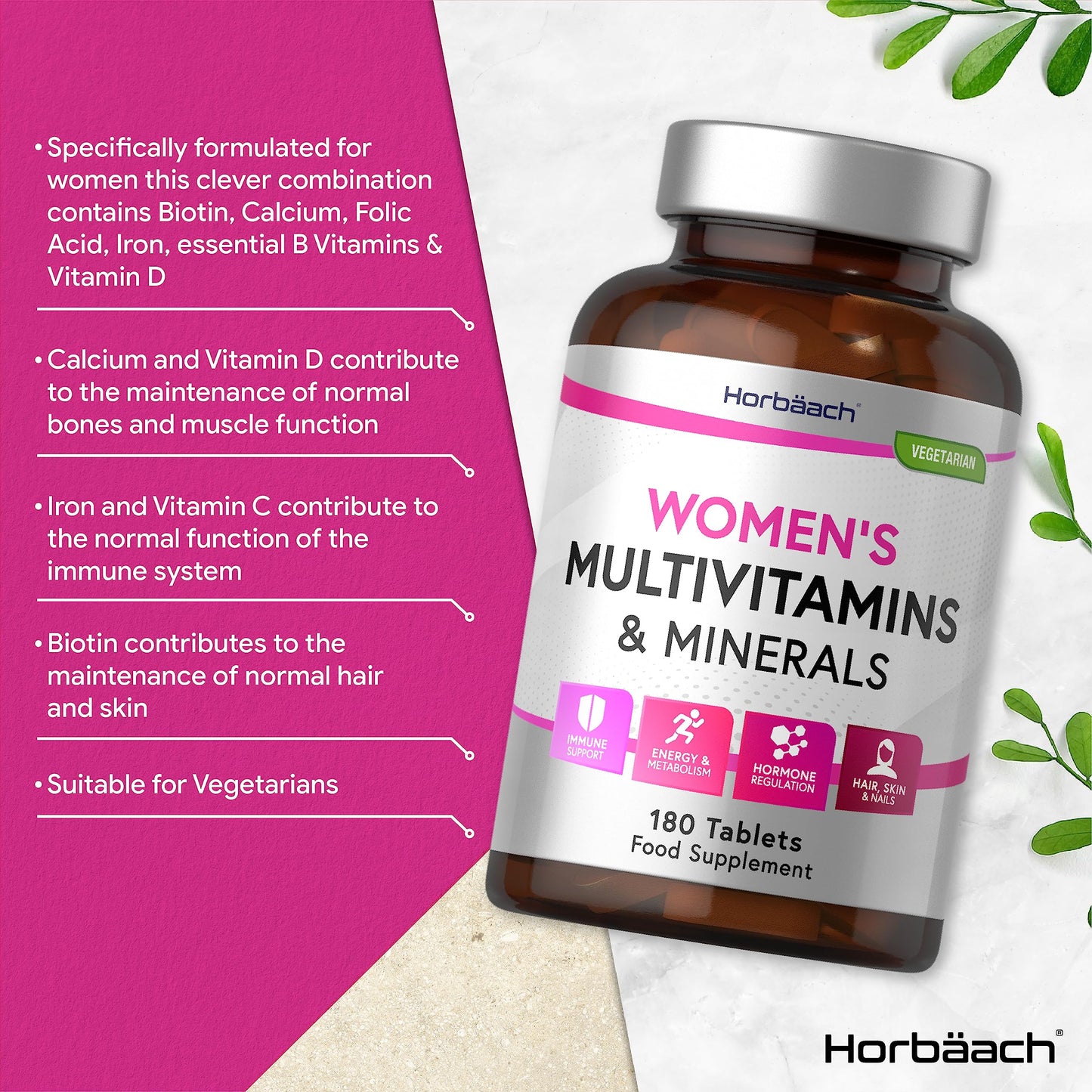 Womens Multivitamins and Minerals | with Iron, Calcium, Biotin, Folic Acid, Vitamins D3, B3, B6 & B5 | 180 Vegetarian Tablets | by Horbaach