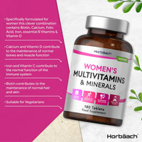 Womens Multivitamins and Minerals | with Iron, Calcium, Biotin, Folic Acid, Vitamins D3, B3, B6 & B5 | 180 Vegetarian Tablets | by Horbaach