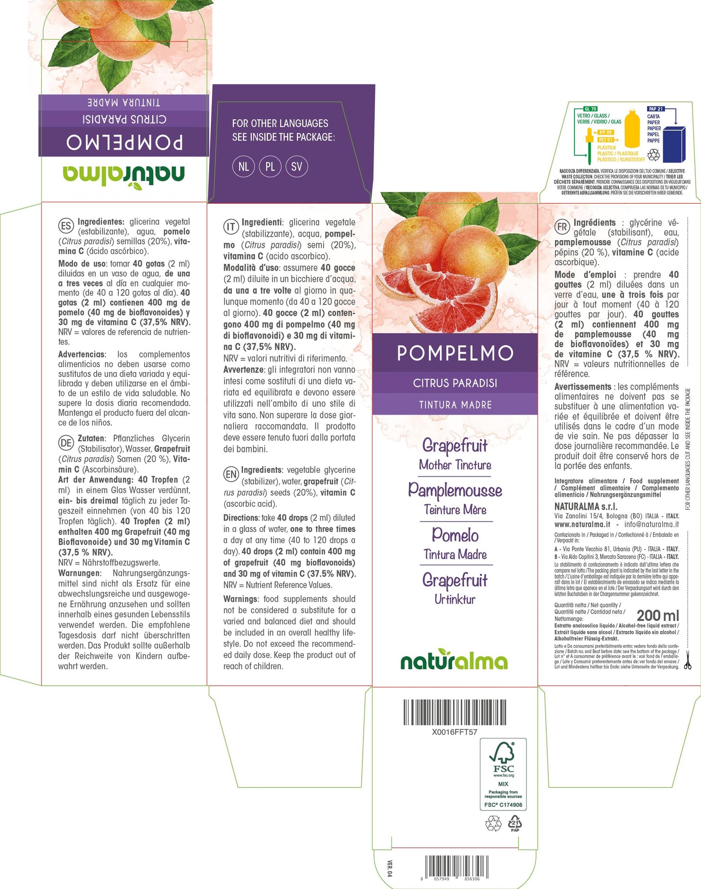 Grapefruit (Citrus paradisi) Seeds Alcohol-Free Mother Tincture Naturalma | Enriched with Vitamin C | Liquid Extract Drops 200 ml | Food Supplement | Vegan