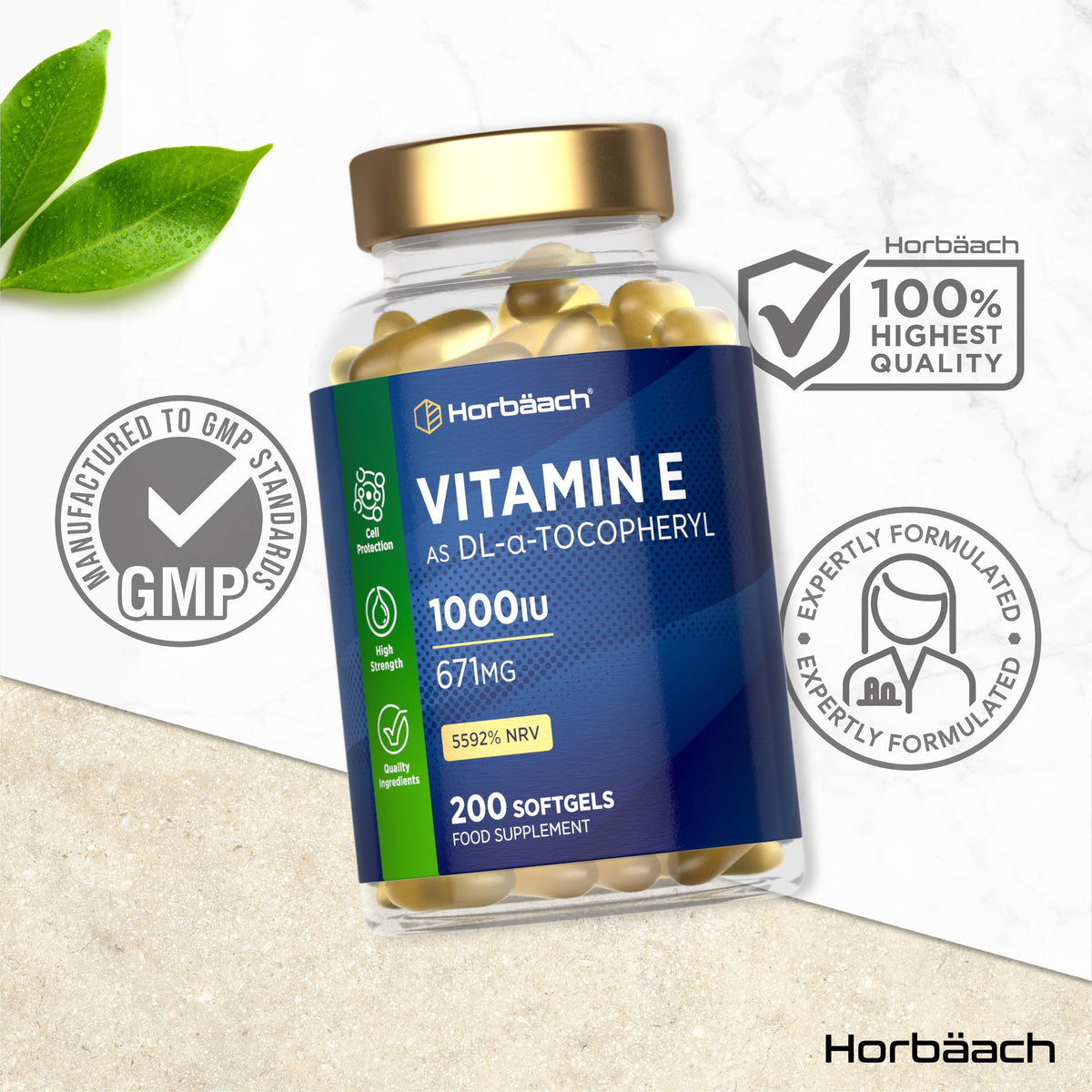 Horbäach Vitamin E Capsules High Strength 1000iu | 200 Count | Vitamin E as DL-Alpha Tocopheryl Acetate | No Artificial Preservatives | By Horbaach