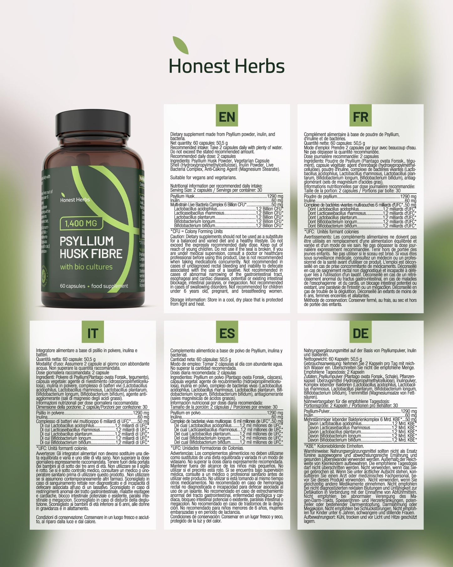 Honest Herbs Psyllium Husk Capsules with Probiotics - Fibre Supplement Complex 1400mg - 60 Capsules - 6 Billion Probiotics 5 Strains