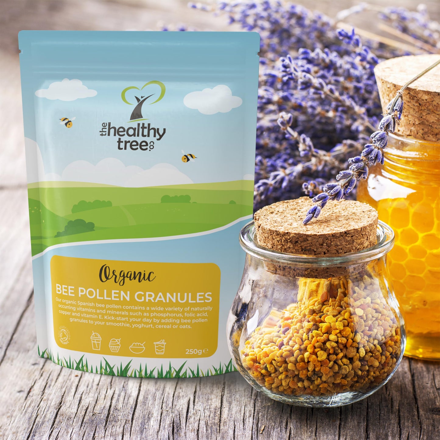 Organic Bee Pollen by TheHealthyTree Company in Recyclable Packaging - Raw, Spanish Bee Pollen Granules 250g
