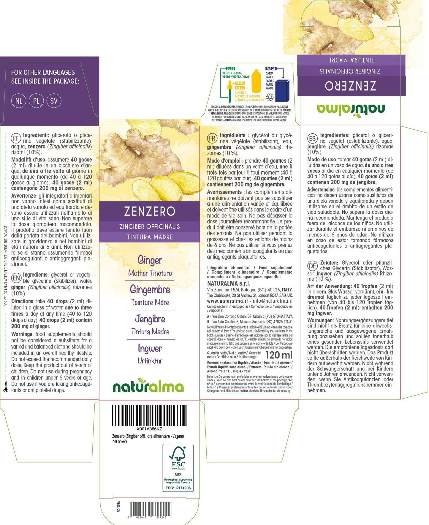 Ginger (Zingiber officinalis) rhizomes Alcohol-Free Mother Tincture Naturalma - Liquid Extract Drops 120 ml - Food Supplement - Vegan