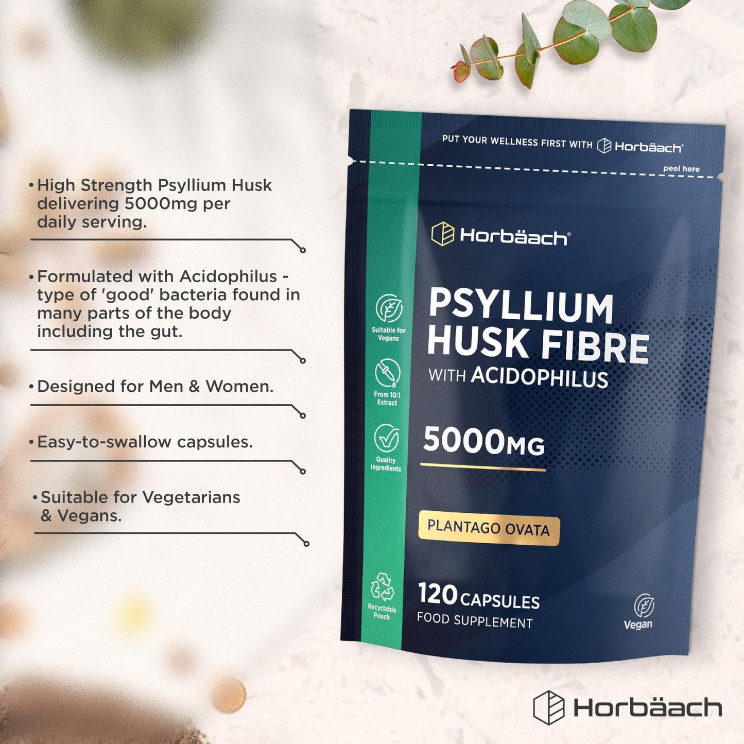Horbäach Psyllium Husk Capsules 5000mg with Acidophilus | Natural Soluble Fibre Supplement with Biotic | Plantago Ovata Seed Husk Extract | 120 Vegan Capsules | by Horbaach