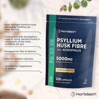 Horbäach Psyllium Husk Capsules 5000mg with Acidophilus | Natural Soluble Fibre Supplement with Biotic | Plantago Ovata Seed Husk Extract | 120 Vegan Capsules | by Horbaach