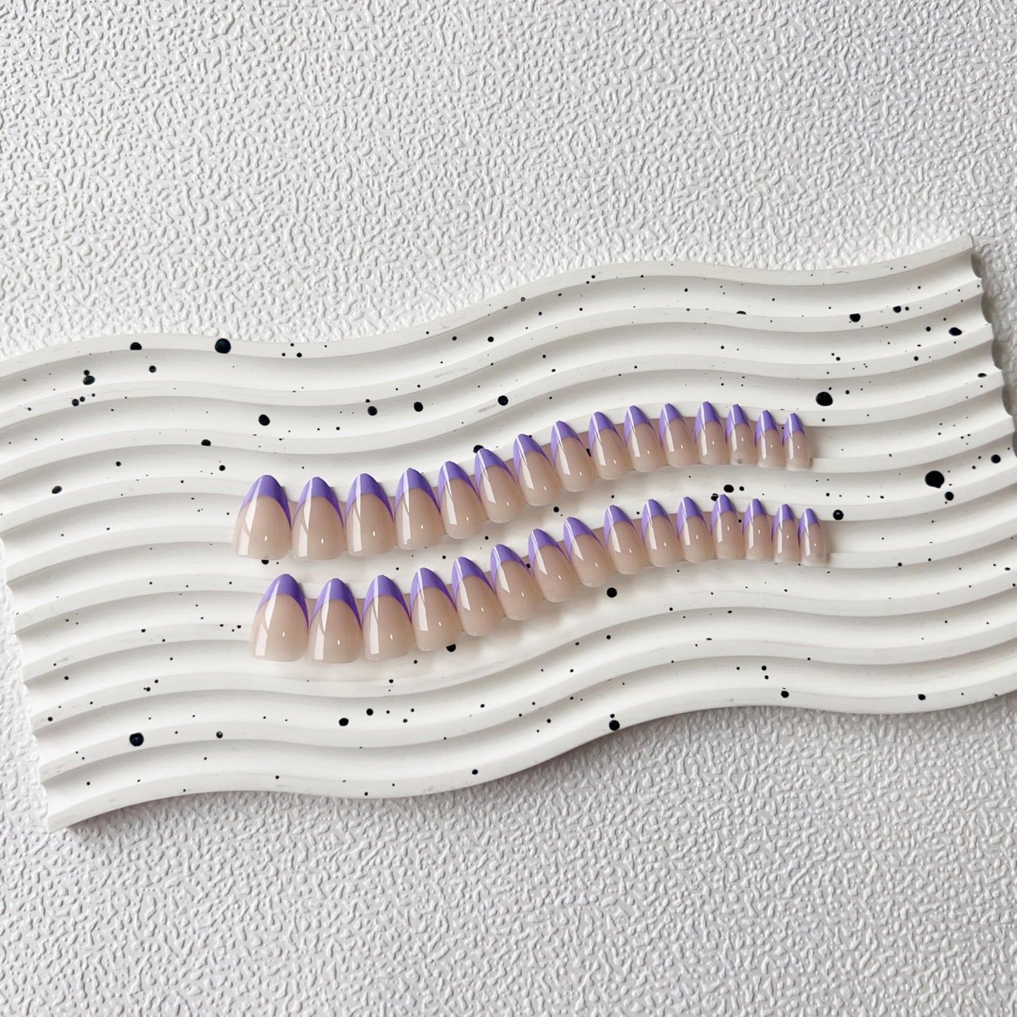KQueenest 30 Pcs Lilac French Tip False Nails Short Medium Almond, French Tip False Nails Short Stiletto, Custom Thick Acrylic Fake Nails Set Natural Nude Gel Stick on Nail for Women Daily Wear