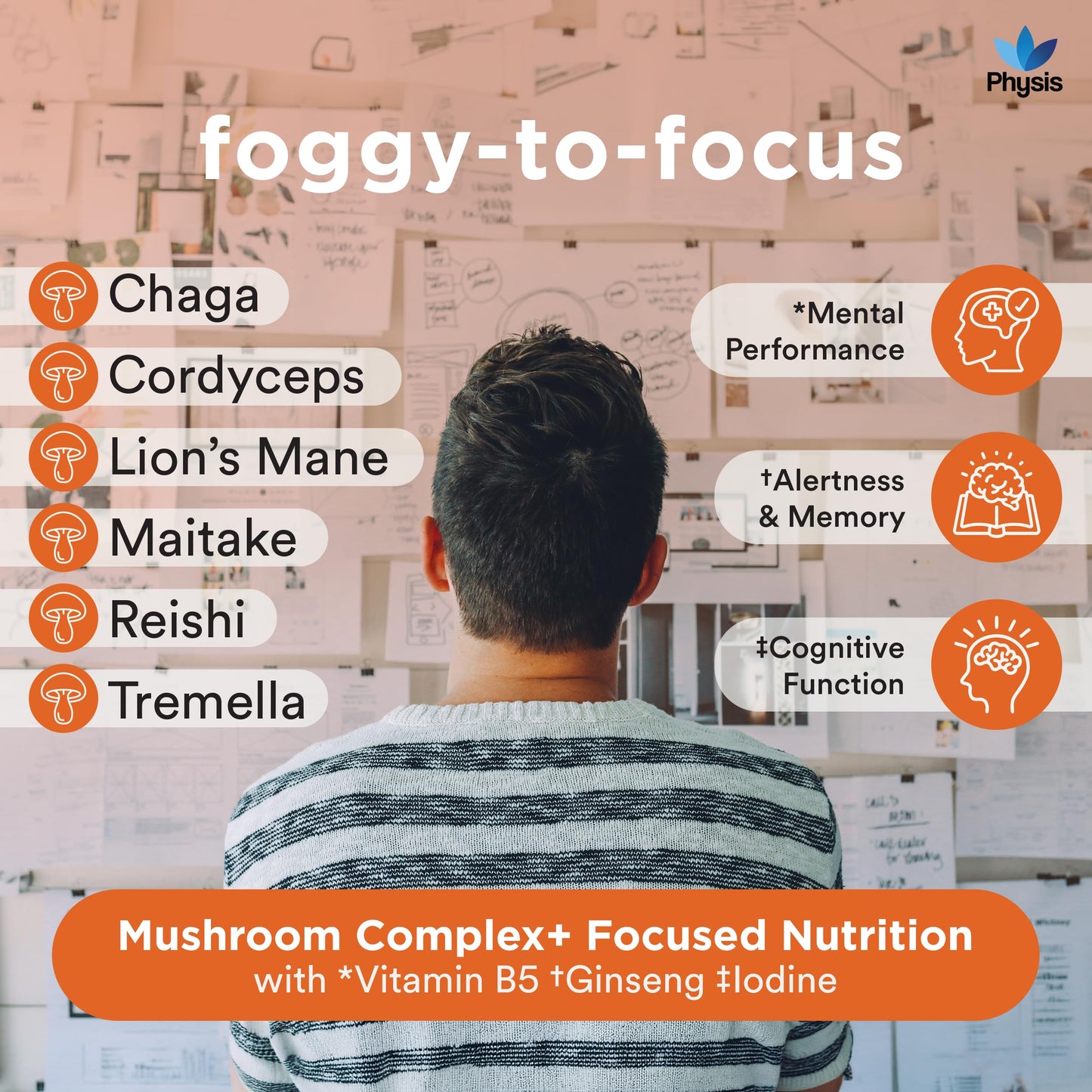 Physis Mushroom Gummies +Vitamin Complex | Attention On Mushroom Blend | Alertness Cognition Memory | Lions Mane Cordyceps Reishi Maitake Tremella Ginseng Iodine Vit B5 | 60 x Vegan Juicy Blackcurrant