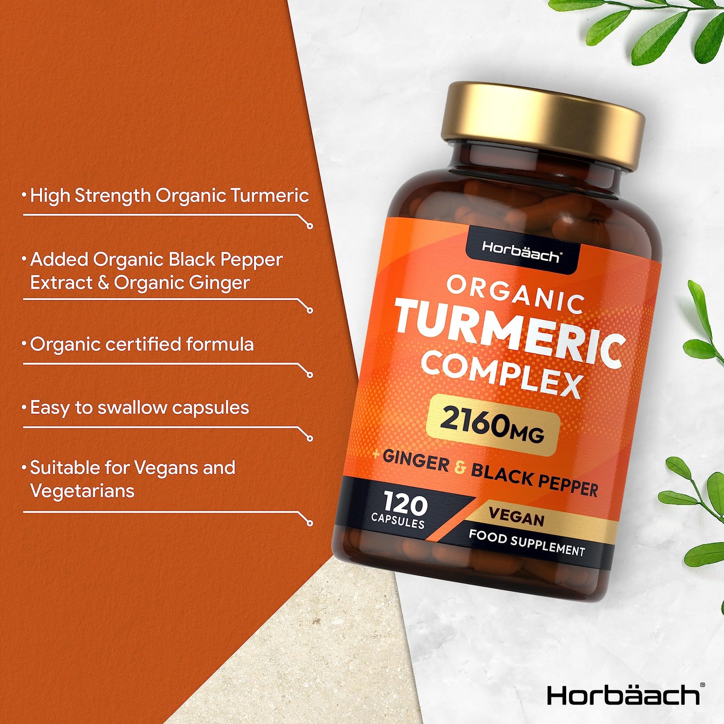 Organic Turmeric and Black Pepper Capsules | 2160mg | High Strength Curcumin with Ginger | 120 Vegan Capsules | by Horbaach