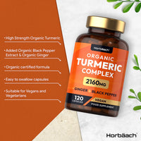 Organic Turmeric and Black Pepper Capsules | 2160mg | High Strength Curcumin with Ginger | 120 Vegan Capsules | by Horbaach