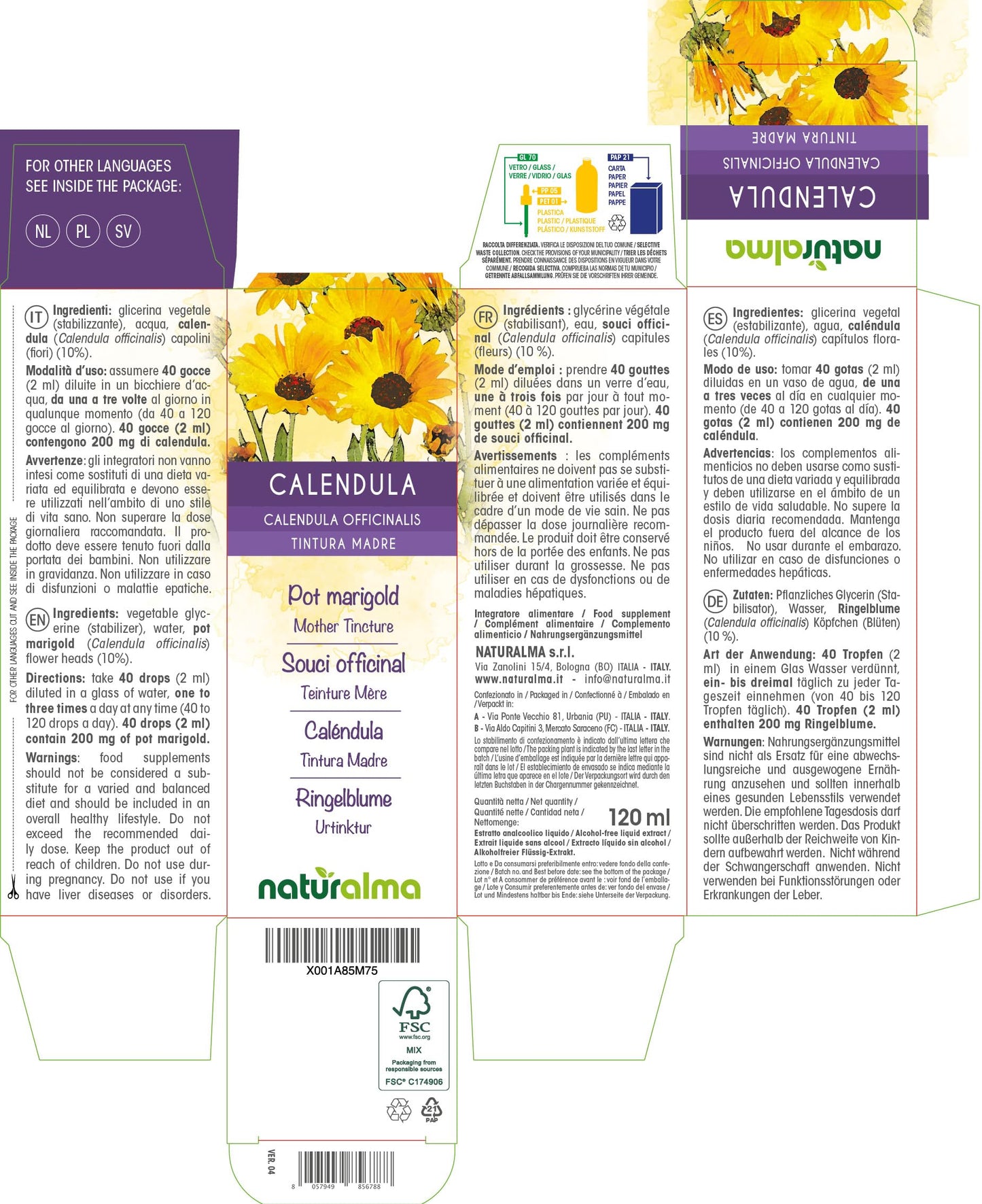 Pot Marigold (Calendula officinalis) Flower Heads Alcohol-Free Mother Tincture Naturalma | Liquid Extract Drops 120 ml | Food Supplement | Vegan