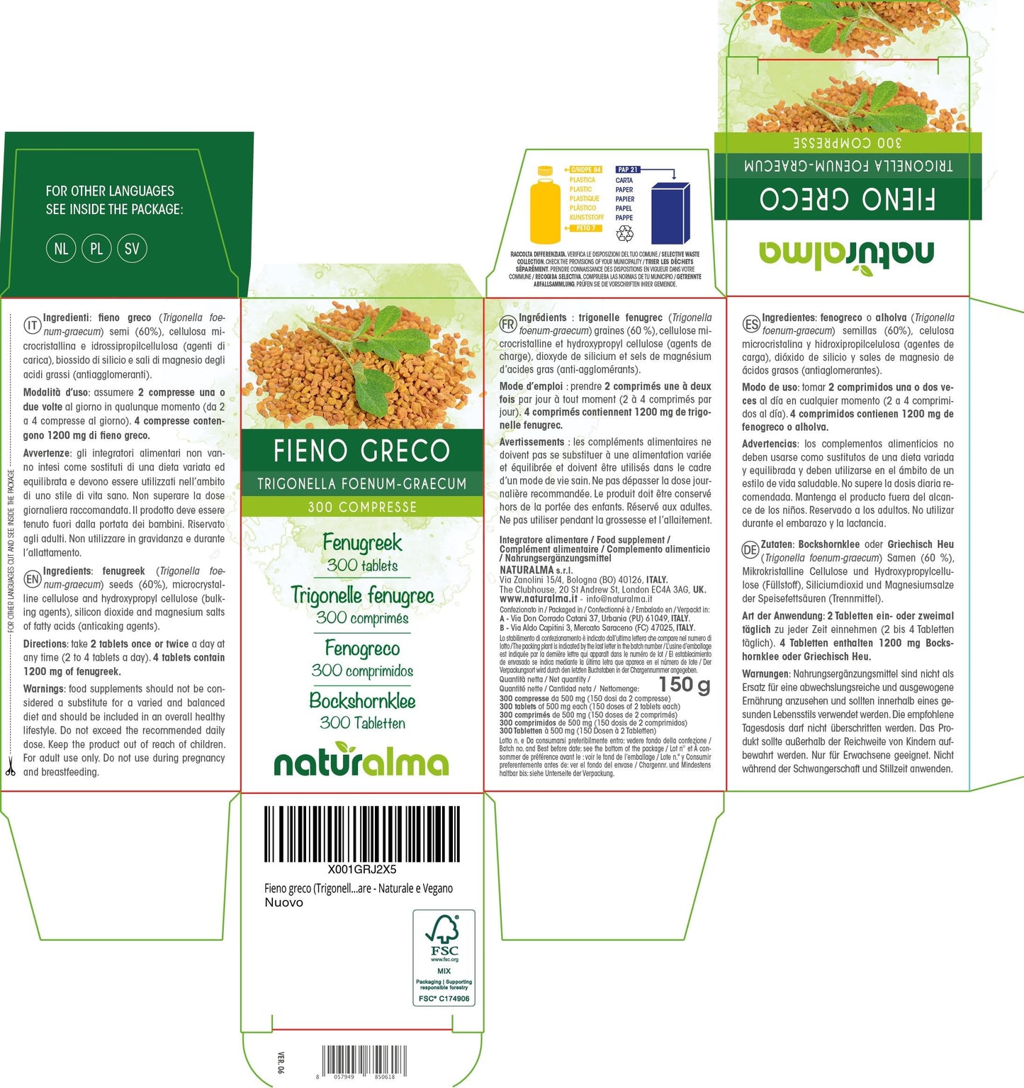 Fenugreek (Trigonella foenum-graecum) Seeds Naturalma - 150 g - 300 Tablets - Food Supplement - Natural and Vegan