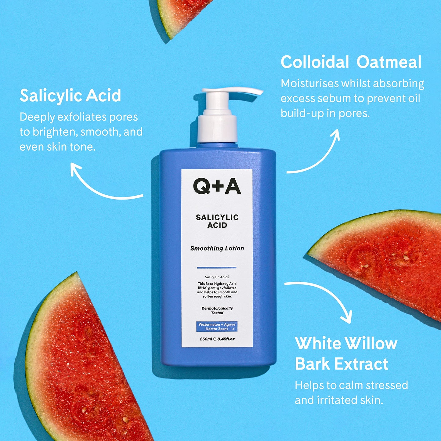 Q+A Salicylic Acid Smoothing Lotion for Effective Targeted Body Care, a BHA that exfoliates the skin, combats 'backne' and unwanted texture, promoting a smoother and healthier appearance, 250ml