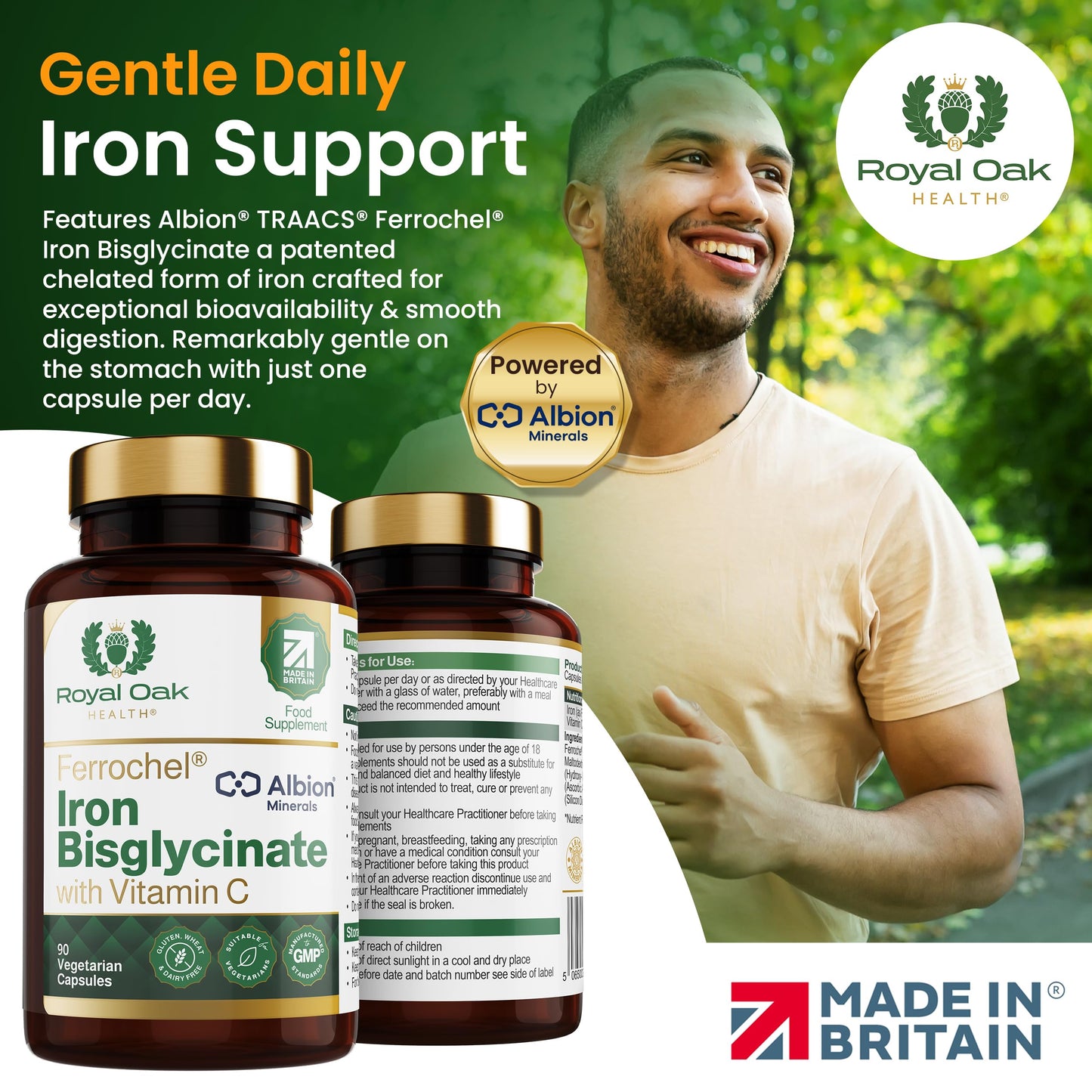 Royal Oak Health Ferrochel® Chelated Iron Bisglycinate with Vitamin C | 90 Capsules | 3 Month Supply | High Absorption, Enhanced Bioavailability Gentle on Stomach Iron | Made in Britain