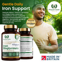 Royal Oak Health Ferrochel® Chelated Iron Bisglycinate with Vitamin C | 90 Capsules | 3 Month Supply | High Absorption, Enhanced Bioavailability Gentle on Stomach Iron | Made in Britain