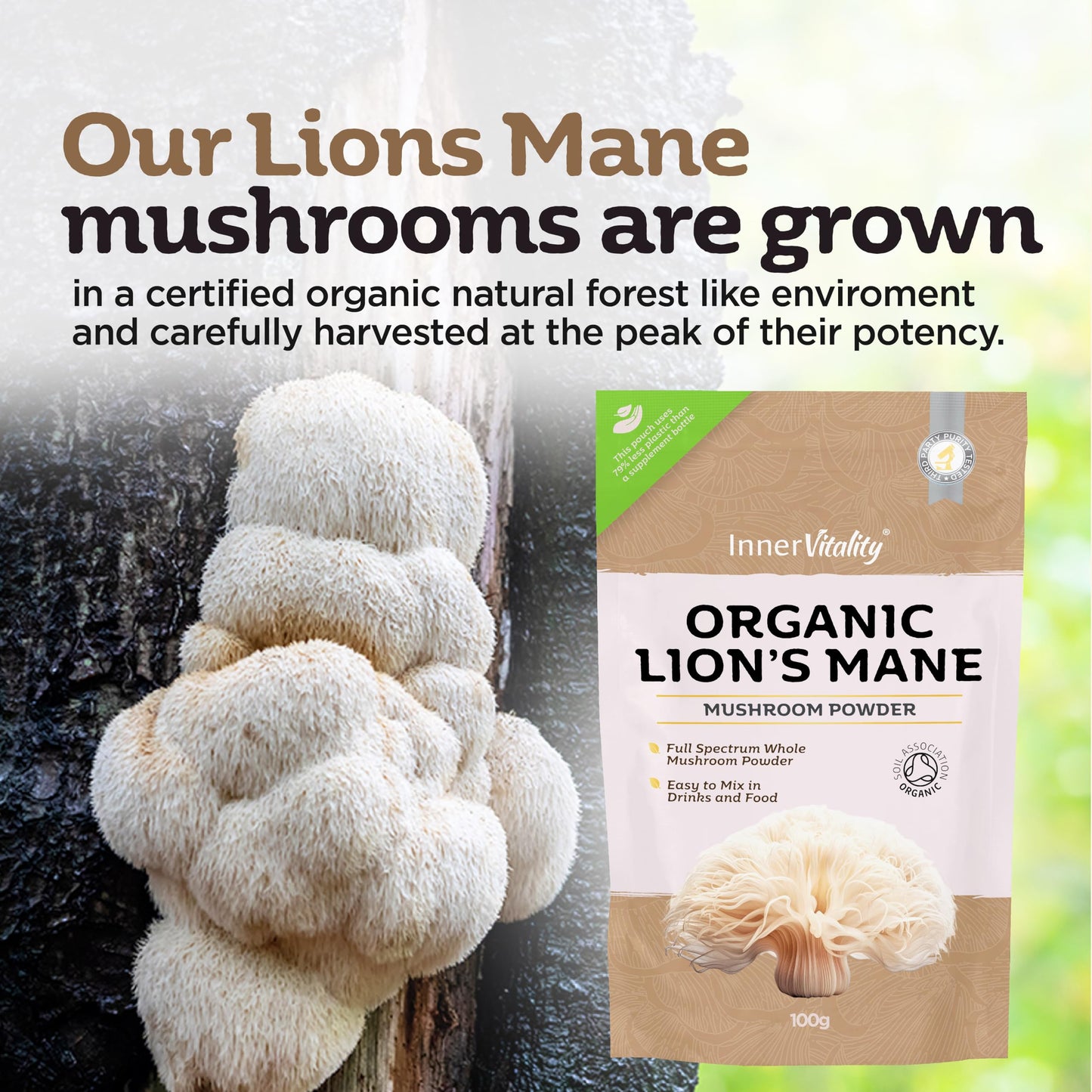 Organic Lions Mane Mushroom Powder - 200g High Strength Full Spectrum Lions Mane Supplement to Support Brain & Mental Performance by Inner Vitality