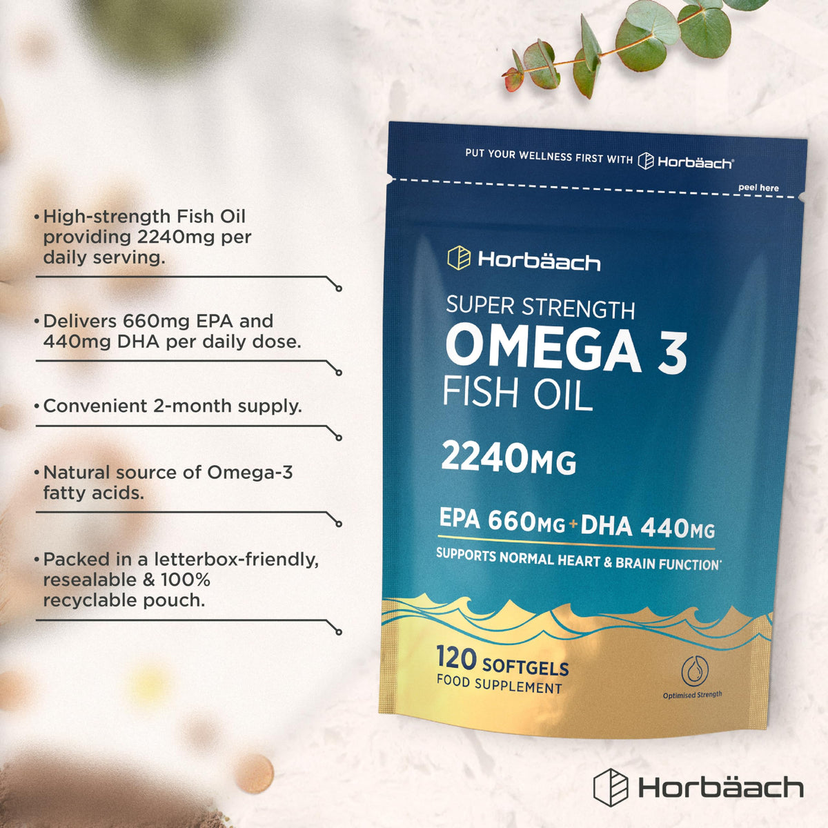 Horbäach Omega 3 Capsules High Strength 2240mg with 660mg of EPA and 440mg of DHA | 120 Softgels | Natural Source of Omega 3 Fish Oil | By Horbaach