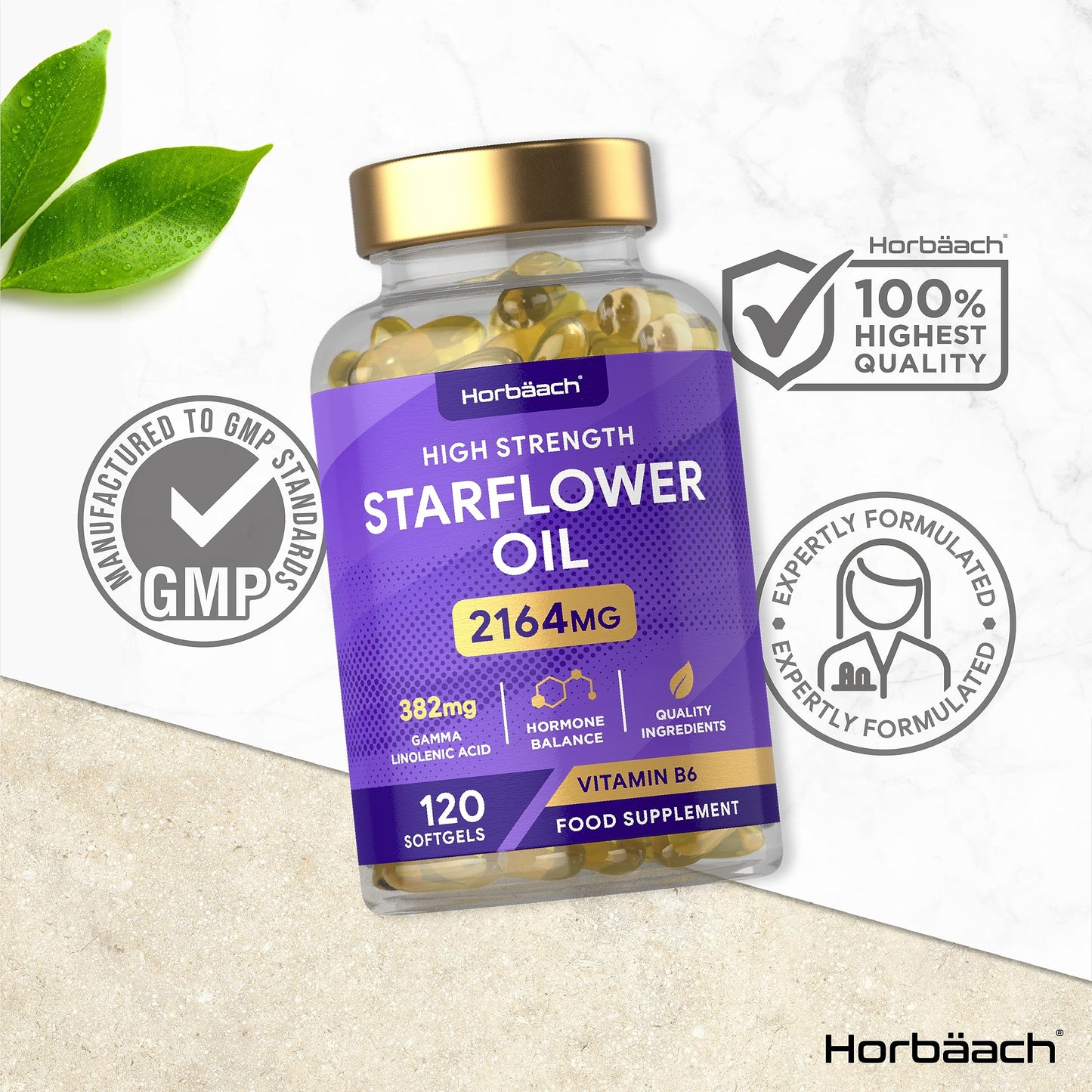 Starflower Oil Capsules 2164mg | Borage Oil Capsules | GLA and Vitamin B6 | 120 Softgels | by Horbaach