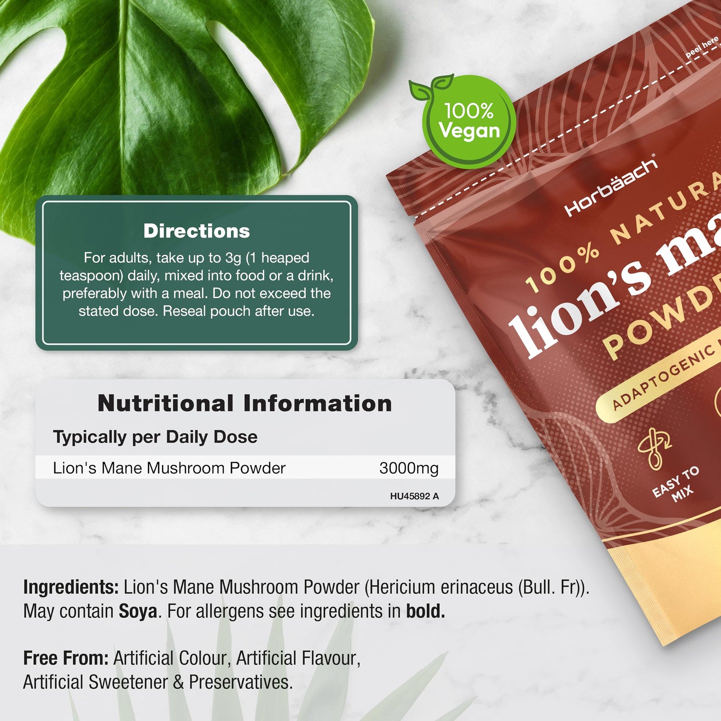 Lions Mane Powder 3000mg | High Strength Mushroom Supplement | 100g - Unflavoured | Suitable for Vegans & Vegetarians | by Horbaach