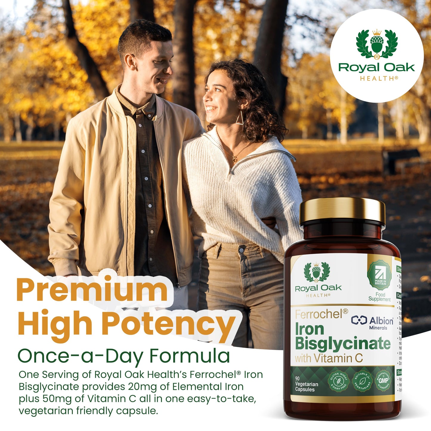 Royal Oak Health Ferrochel® Chelated Iron Bisglycinate with Vitamin C | 90 Capsules | 3 Month Supply | High Absorption, Enhanced Bioavailability Gentle on Stomach Iron | Made in Britain