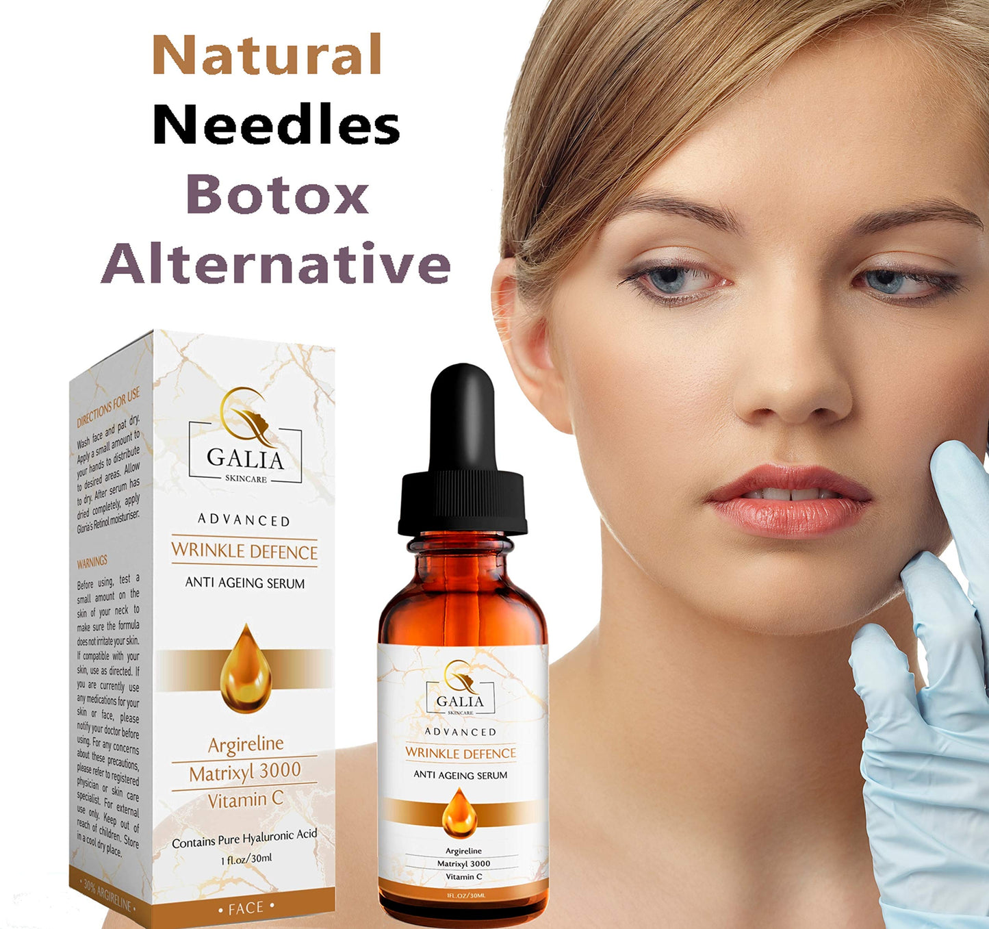 Galia Skincare POWERFUL Anti Aging Face Serum: Matrixyl 3000 + Argireline Peptide + Vitamin C Serum with Organic Hyaluronic Acid, Serum for Wrinkles, Fine Lines, Sun Spots, Most Powerful Triple Combination