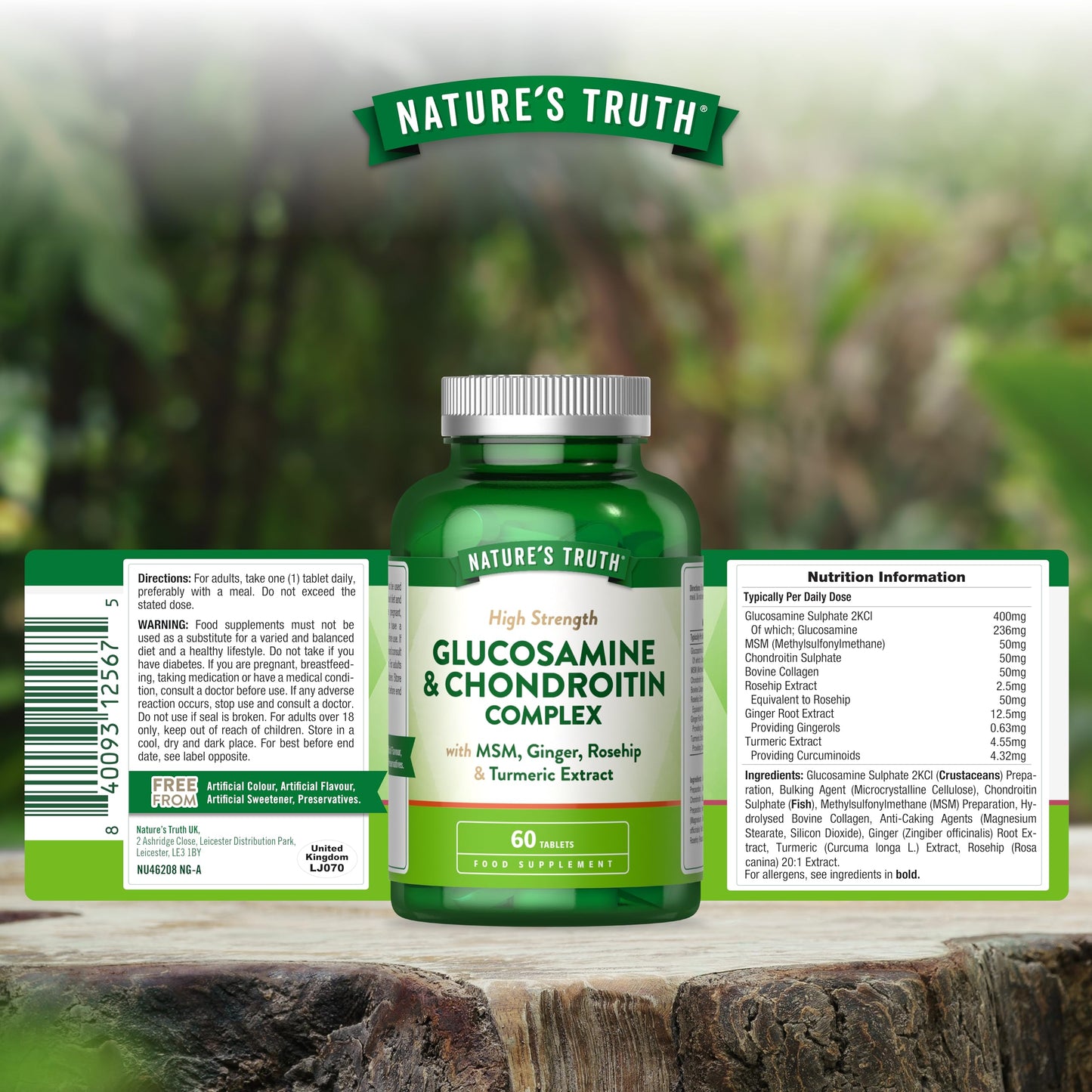 Glucosamine and Chondroitin High Strength | Complex with Glucosamine Sulphate 2KCl, MSM, Ginger, Collagen, Rosehip & Turmeric | 60 Tablets | Nature's Truth