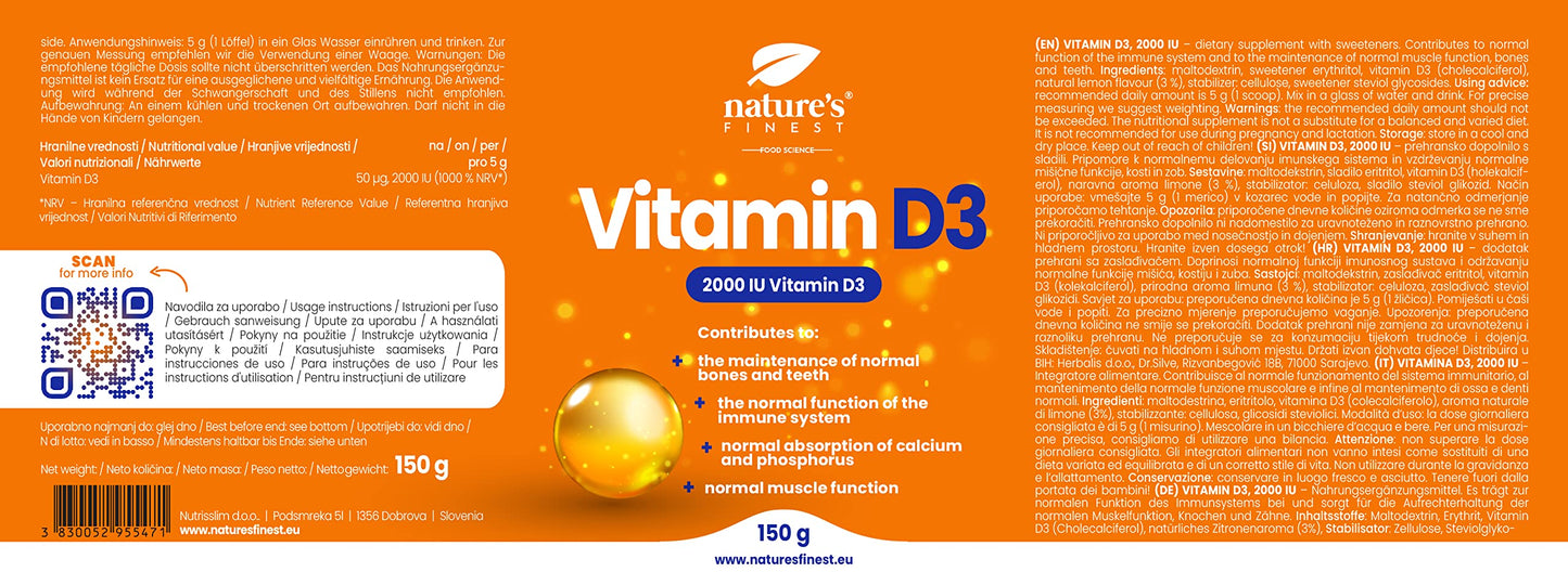 Nature's Finest by Nutrisslim Vitamin D3 Powder 2000IU | 50µg of Vitamin D per Serving | Most Bioavailable Form of Vitamin D3 Powder | for Vegetarians and Vegans