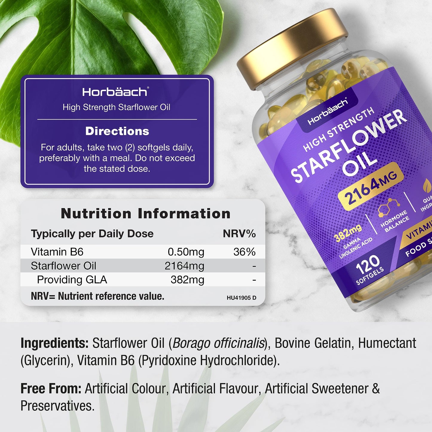 Starflower Oil Capsules 2164mg | Borage Oil Capsules | GLA and Vitamin B6 | 120 Softgels | by Horbaach