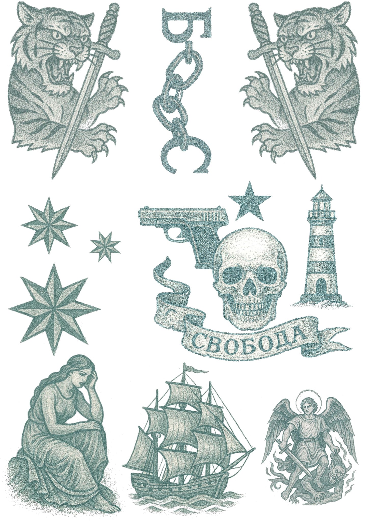 Inkwear Realistic Russian Prison Temporary Tattoos – 2 A4 Sheets – Aged & Faded Look – Fake Tattoos for Film, TV, Theatre, Halloween Cosplay – Long-Lasting, Skin Safe
