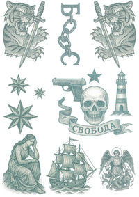 Inkwear Realistic Russian Prison Temporary Tattoos – 2 A4 Sheets – Aged & Faded Look – Fake Tattoos for Film, TV, Theatre, Halloween Cosplay – Long-Lasting, Skin Safe