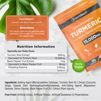 Horbäach Turmeric and Black Pepper Capsules 15,000mg | High Strength 95% Curcuminoids | 90 Vegan Capsules | Turmeric Root Extract Supplement | by Horbaach