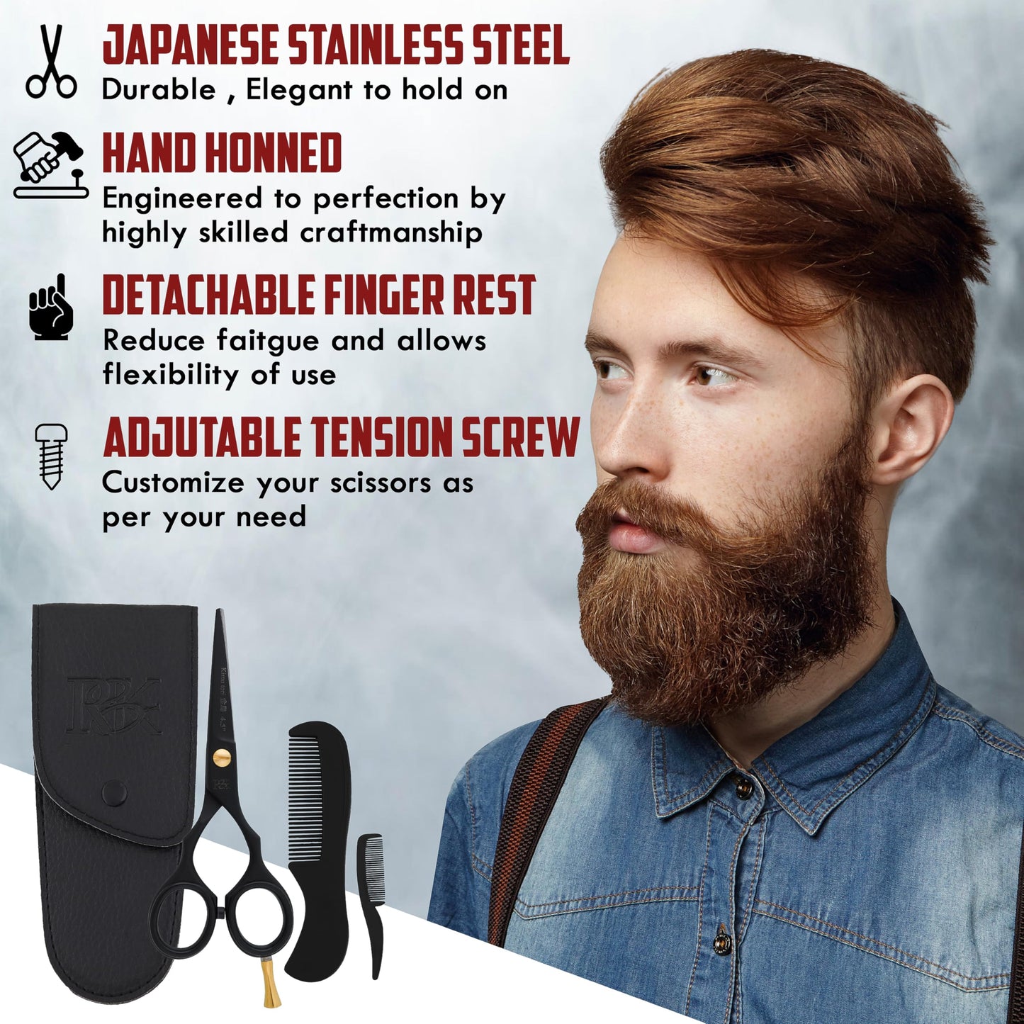 Hoof n Paw 4.5" RnK Moustache & Beard Scissors - 4.5 inch Japanese Stainless Steel Moustache Scissors with Moustache Comb & Pouch, Precision Grooming Tools for Men Featuring Razer Sharp Hand honned Edge