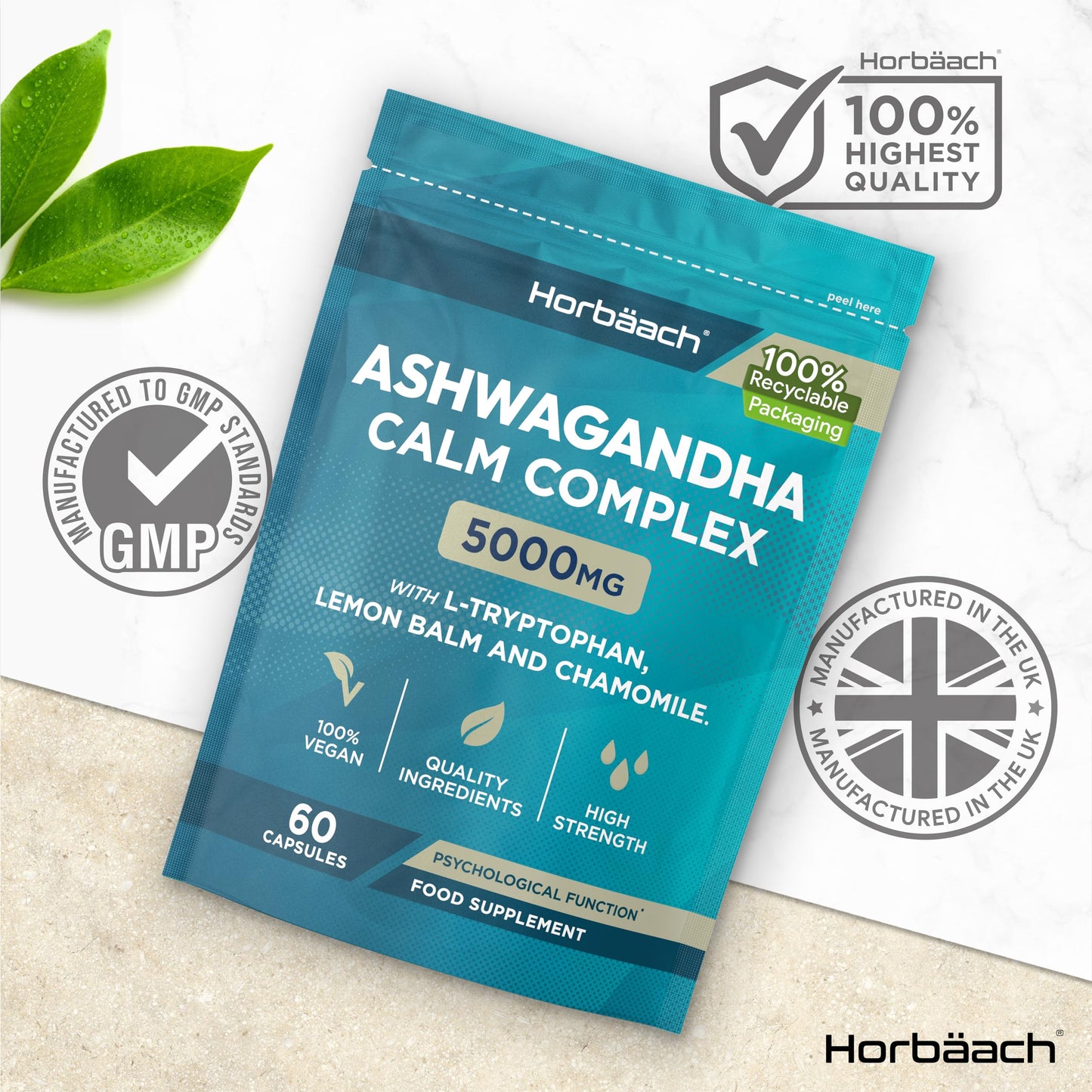 Horbäach Ashwagandha Capsules 5000mg | Calm Complex with High Strength B Vitamins (B1, B2, B3, B6 & B12) and Amino Acids | Formula for Men & Women | 60 Vegan Capsules | by Horbaach