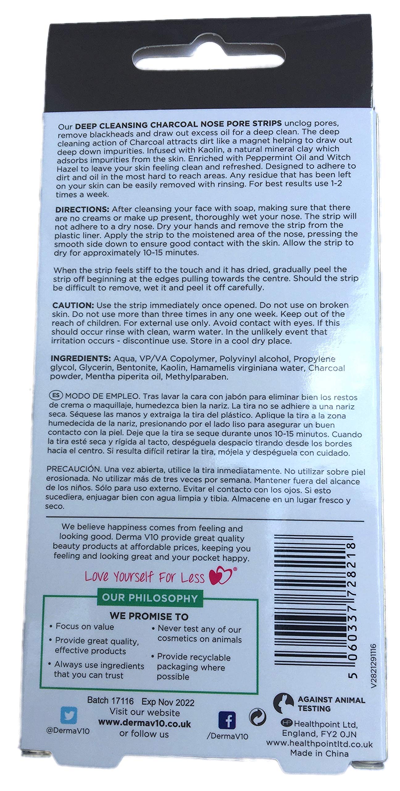 Derma V10 Deep Cleansing Charcoal Nose Pore Strips Blackhead Removal (Twin)