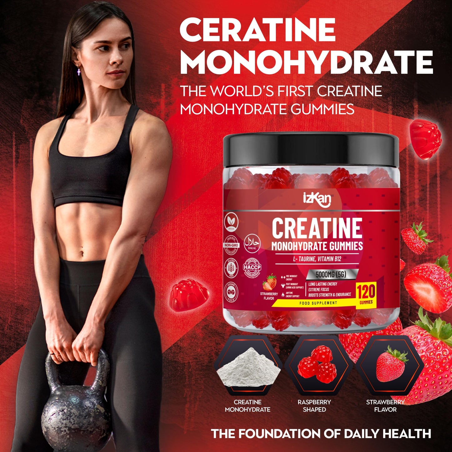 Izkan Creatine Gummies 5000mg (5G) for Men & Women - 120 Chewable Creatine Monohydrate Gummies Strawberry Flavoured | Pre Workout Gym Supplement| Muscle Boost| 4 Per Day - Vegan & Halal (2X)
