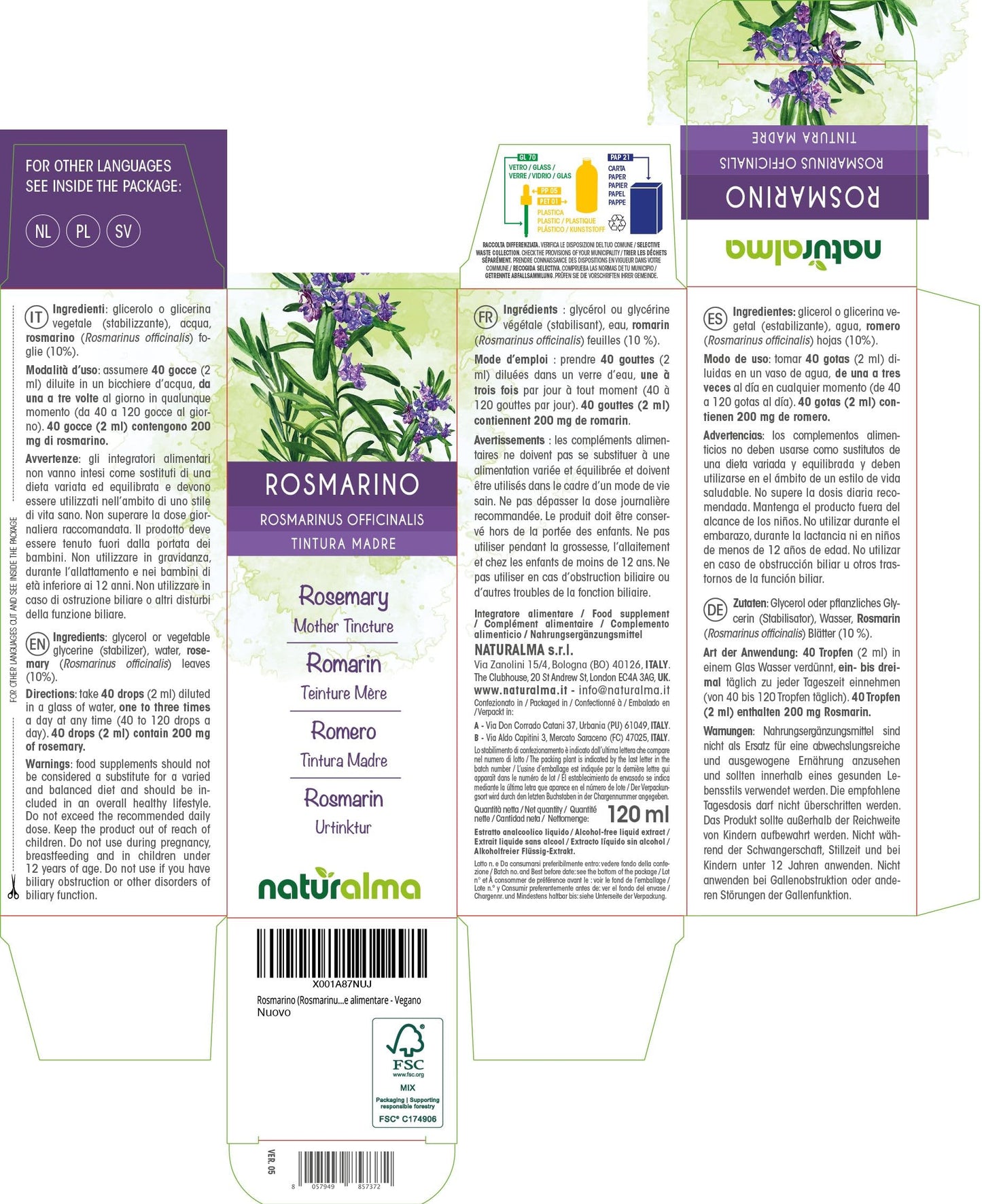 Rosemary (Rosmarinus officinalis) Leaves Alcohol-Free Mother Tincture Naturalma - Liquid Extract Drops 120 ml - Food Supplement - Vegan